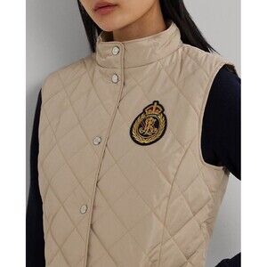 Ralph Lauren Tan Crest-Patch Quilted Mockneck Gilet Vest Women's Size S NWOT